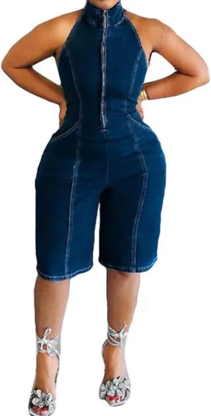 cffvdiz Women's Sexy Sleeveless Short Denim Jumpsuit Rompers Hanging Neck Backless Front Zipper High Waisted Jean Jumpsuit