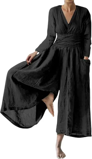 CHARTOU Women Casual Linen Long Sleeve Wide Leg Jumpsuit Palazzo Pants V Neck Wrap Jumpsuit One Piece Overalls