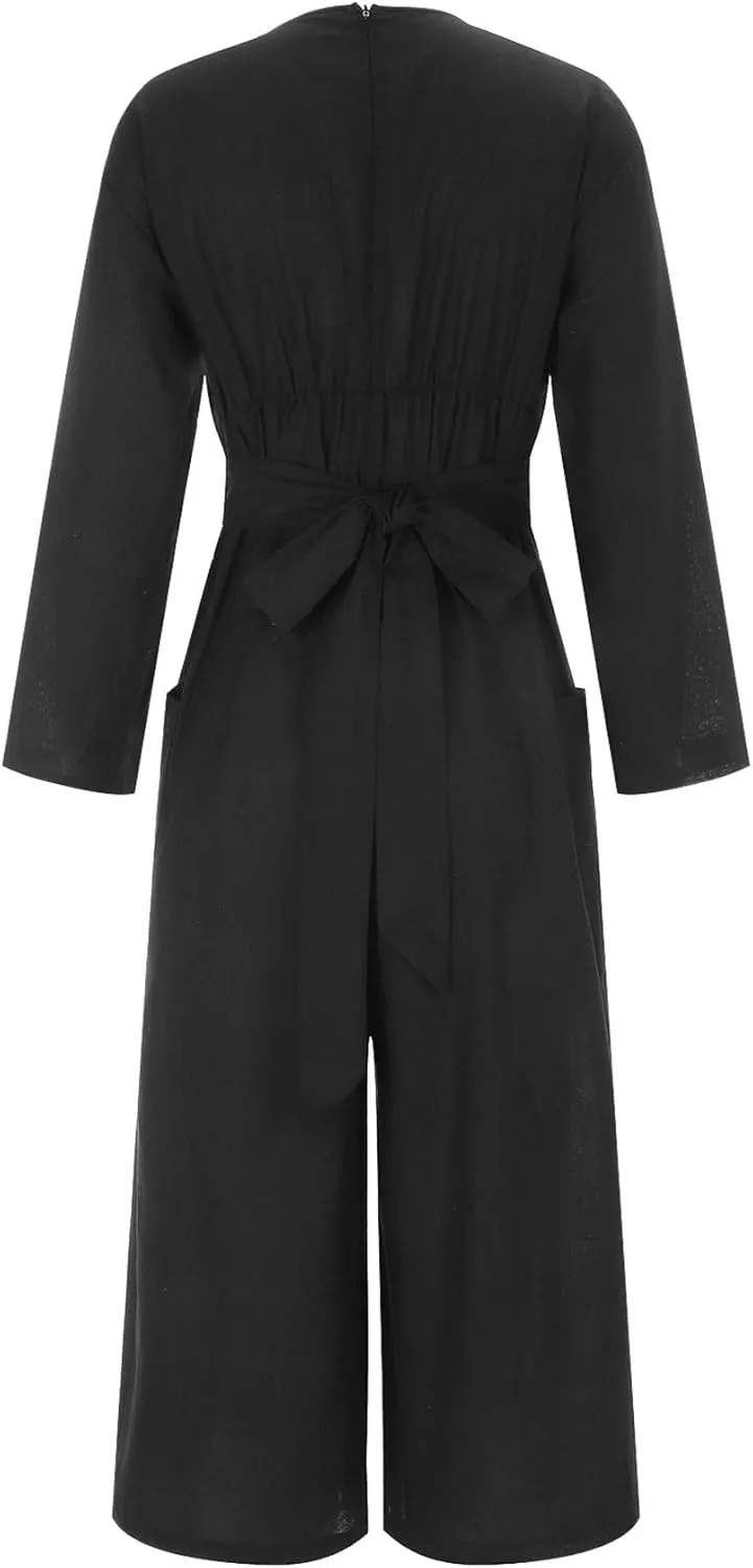 CHARTOU Women Casual Linen Long Sleeve Wide Leg Jumpsuit Palazzo Pants V Neck Wrap Jumpsuit One Piece Overalls