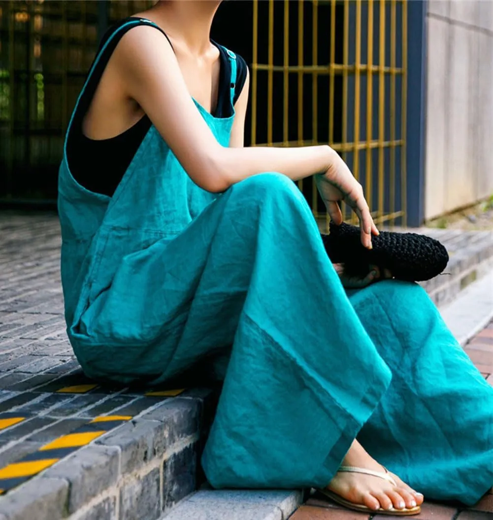 CHARTOU Women Linen Jumpsuit Baggy Wide Leg Long Romper Pants Summer Casual Overalls