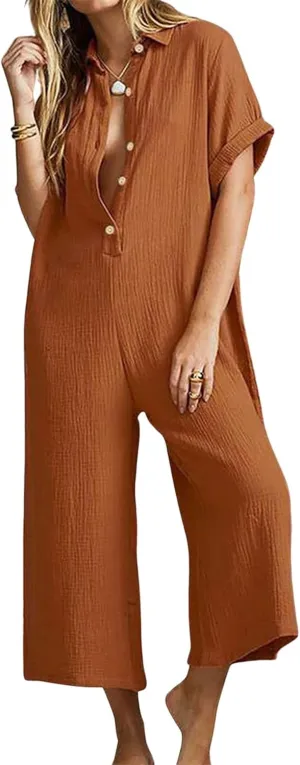 CHARTOU Women Linen Short Sleeve Jumpsuit Baggy Beach Wide Leg Romper Harem Jumpsuit One Piece Summer