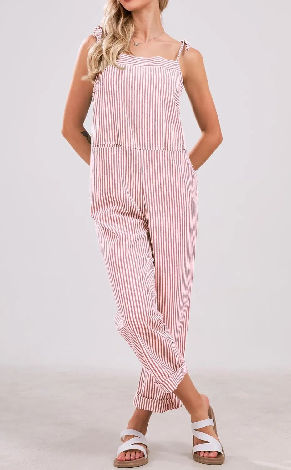 CHARTOU Women Oversized Summer Casual Stripes Cargo Jumpsuit Wide Leg Bib Overall Striped Linen Pants Dungarees Pocket
