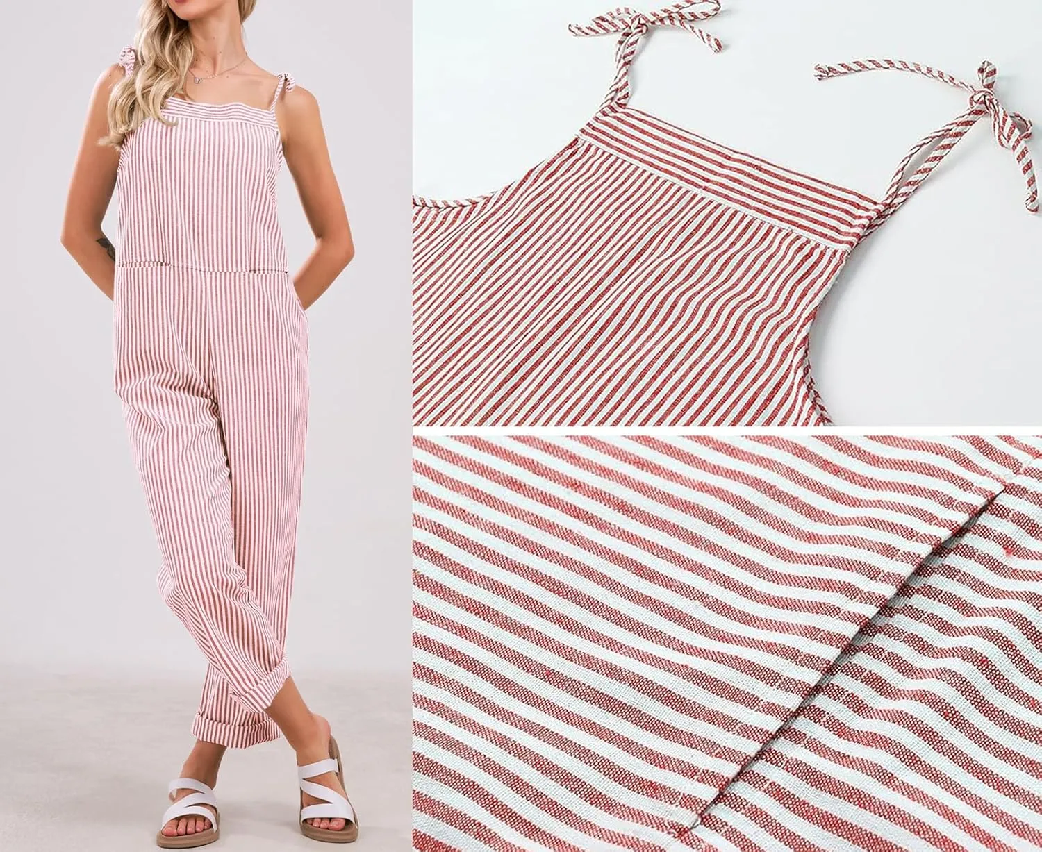 CHARTOU Women Oversized Summer Casual Stripes Cargo Jumpsuit Wide Leg Bib Overall Striped Linen Pants Dungarees Pocket