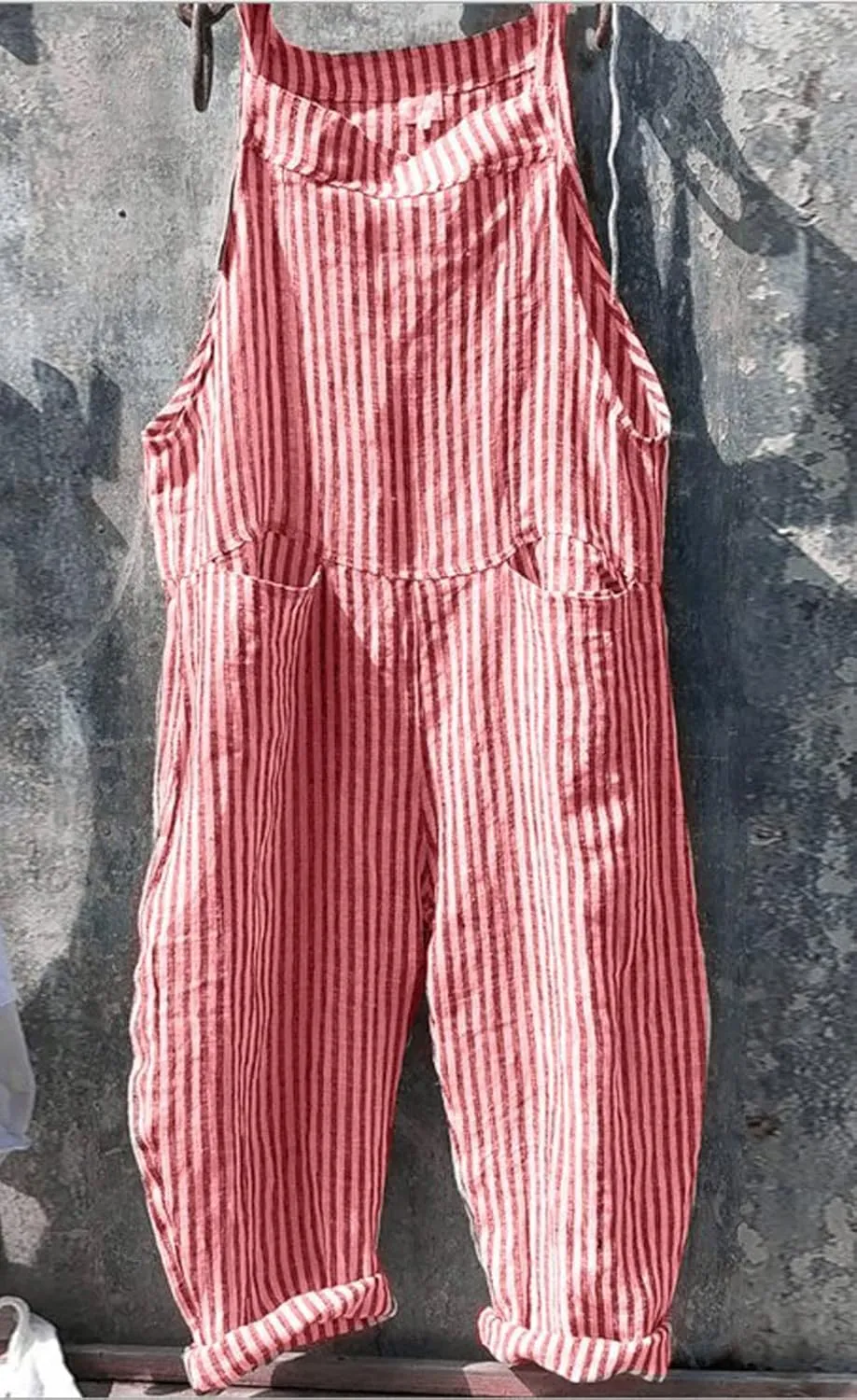 CHARTOU Women Oversized Summer Casual Stripes Cargo Jumpsuit Wide Leg Bib Overall Striped Linen Pants Dungarees Pocket