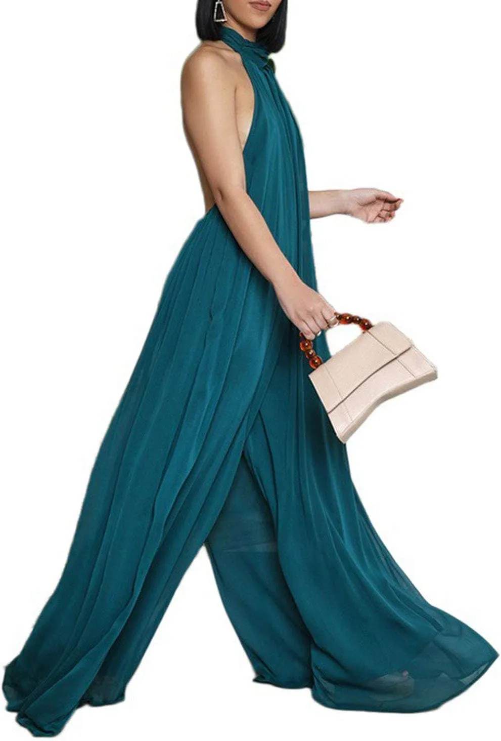 CHARTOU Women's Elegant Loose Fit Chiffon Halter Neck Backless Wide Leg Jumpsuit