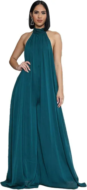 CHARTOU Women's Elegant Loose Fit Chiffon Halter Neck Backless Wide Leg Jumpsuit
