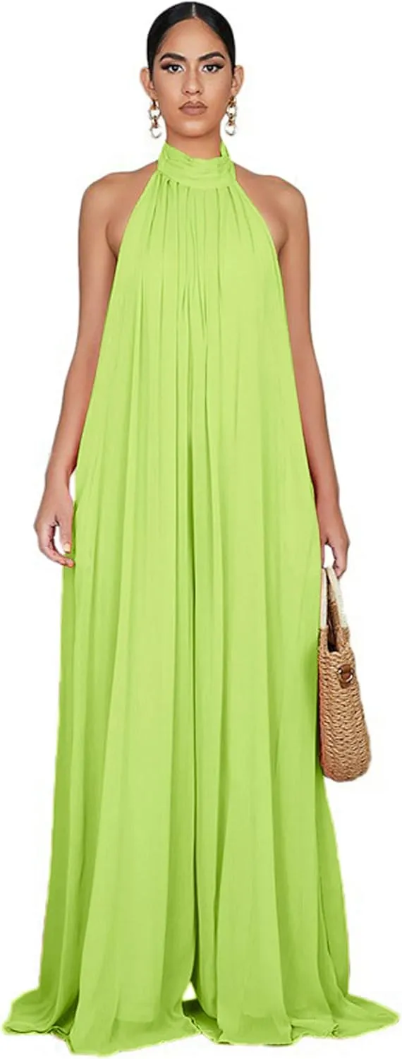 CHARTOU Women's Elegant Loose Fit Chiffon Halter Neck Backless Wide Leg Jumpsuit
