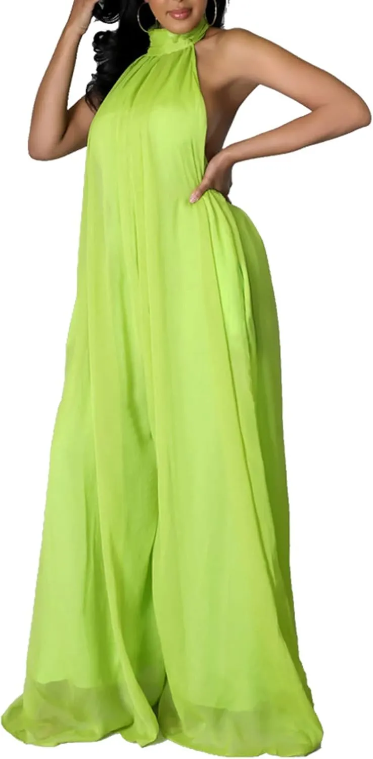 CHARTOU Women's Elegant Loose Fit Chiffon Halter Neck Backless Wide Leg Jumpsuit