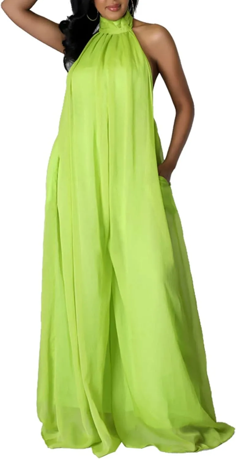 CHARTOU Women's Elegant Loose Fit Chiffon Halter Neck Backless Wide Leg Jumpsuit
