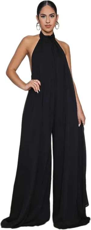 CHARTOU Women's Elegant Loose Fit Chiffon Halter Neck Backless Wide Leg Jumpsuit