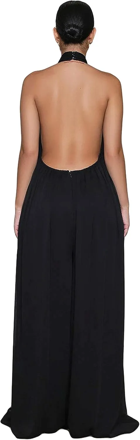 CHARTOU Women's Elegant Loose Fit Chiffon Halter Neck Backless Wide Leg Jumpsuit