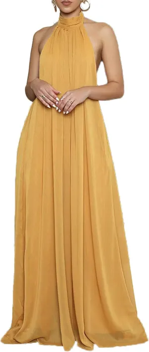 CHARTOU Women's Elegant Loose Fit Chiffon Halter Neck Backless Wide Leg Jumpsuit