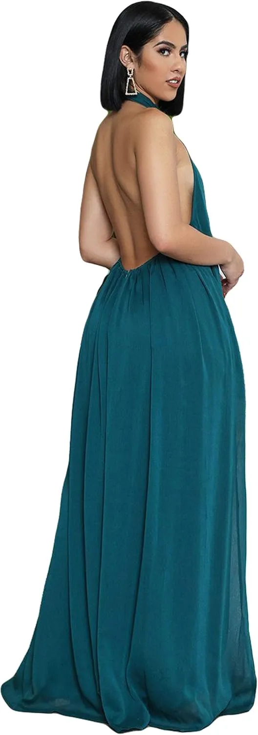 CHARTOU Women's Elegant Loose Fit Chiffon Halter Neck Backless Wide Leg Jumpsuit