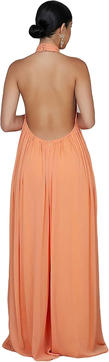CHARTOU Women's Elegant Loose Fit Chiffon Halter Neck Backless Wide Leg Jumpsuit