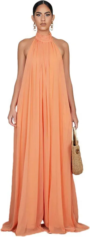 CHARTOU Women's Elegant Loose Fit Chiffon Halter Neck Backless Wide Leg Jumpsuit
