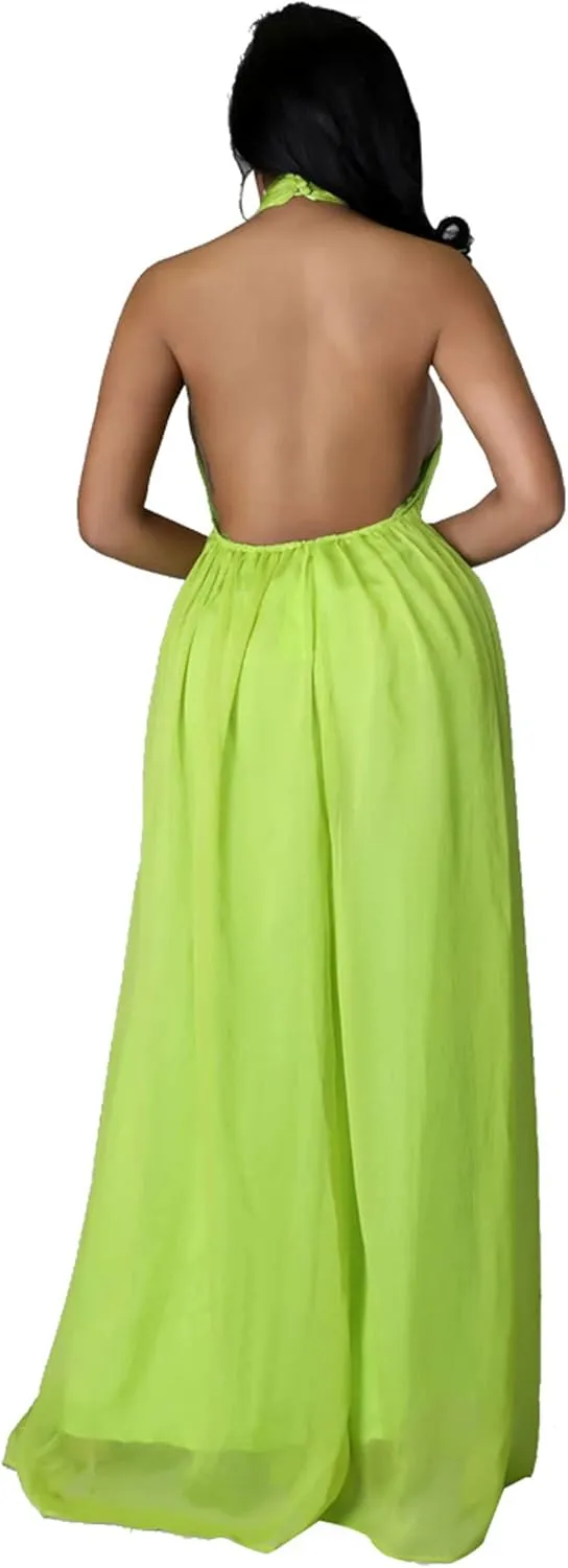 CHARTOU Women's Elegant Loose Fit Chiffon Halter Neck Backless Wide Leg Jumpsuit