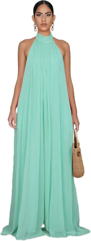 CHARTOU Women's Elegant Loose Fit Chiffon Halter Neck Backless Wide Leg Jumpsuit