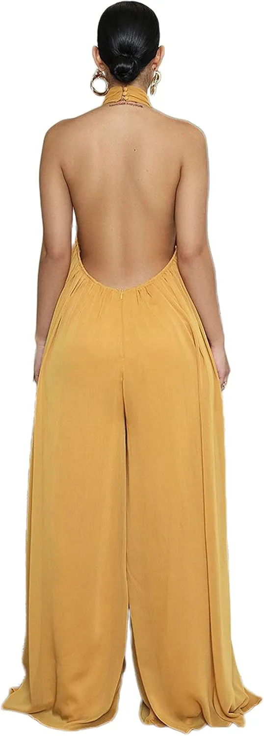 CHARTOU Women's Elegant Loose Fit Chiffon Halter Neck Backless Wide Leg Jumpsuit