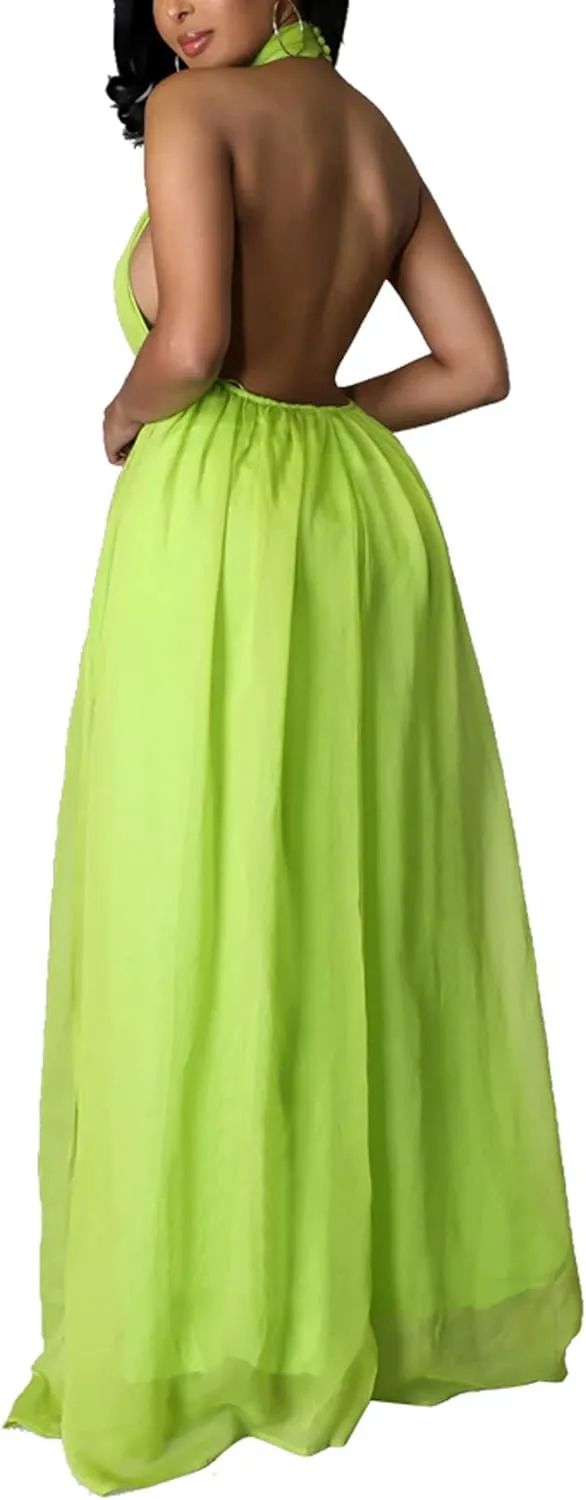 CHARTOU Women's Elegant Loose Fit Chiffon Halter Neck Backless Wide Leg Jumpsuit