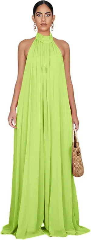 CHARTOU Women's Elegant Loose Fit Chiffon Halter Neck Backless Wide Leg Jumpsuit