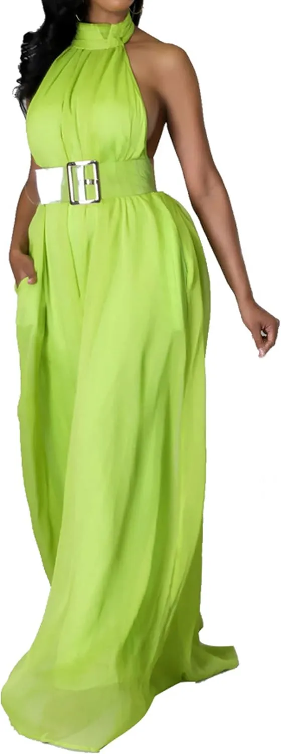 CHARTOU Women's Elegant Loose Fit Chiffon Halter Neck Backless Wide Leg Jumpsuit
