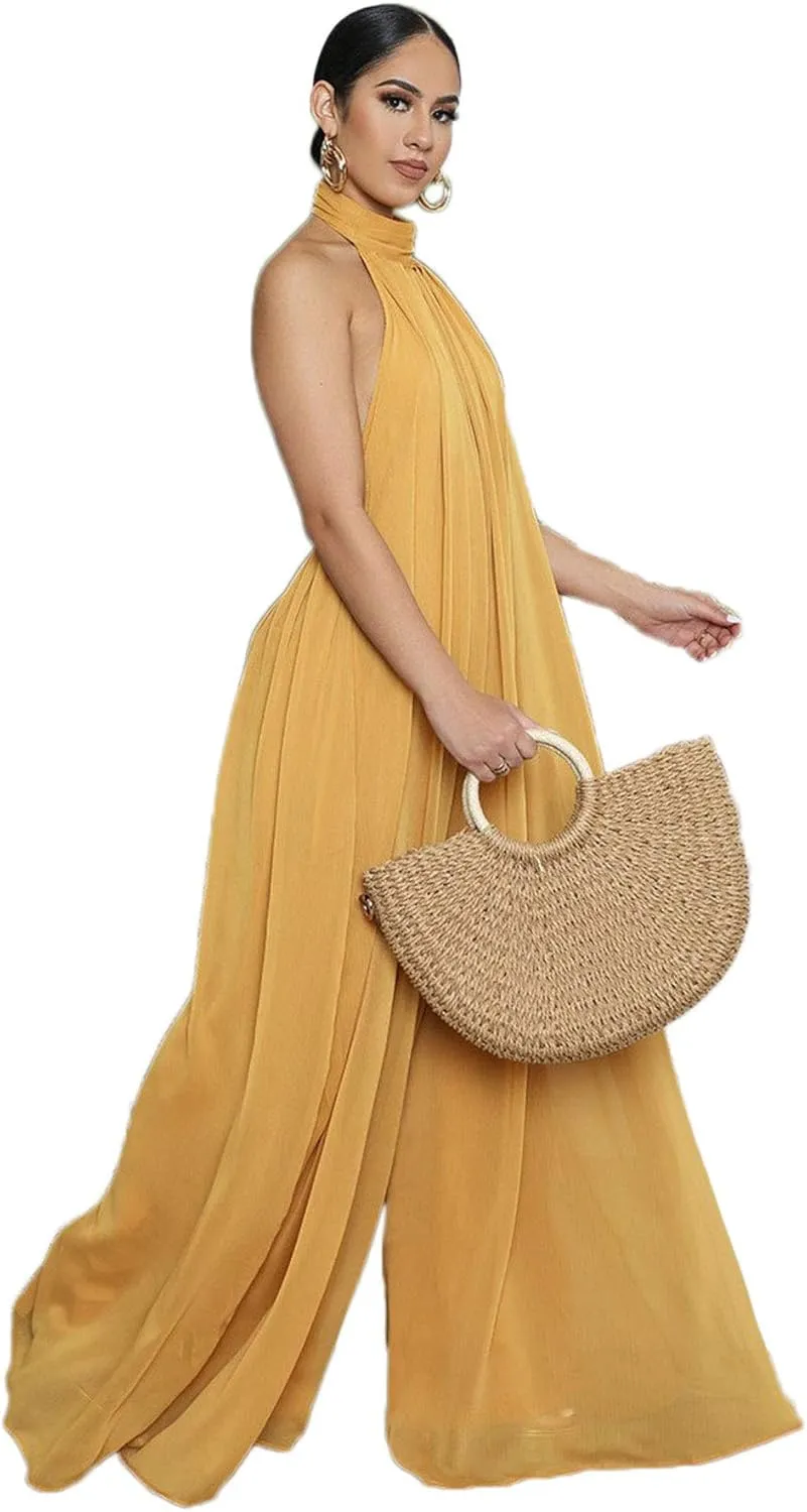 CHARTOU Women's Elegant Loose Fit Chiffon Halter Neck Backless Wide Leg Jumpsuit