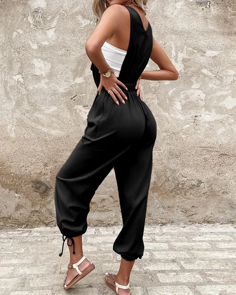 CHICME BEST SHOPPING DEALS Women's Causal Sleeveless Jumpsuit Ajustable Strap Drawstring Jumpsuit Bib Overalls with Pockets