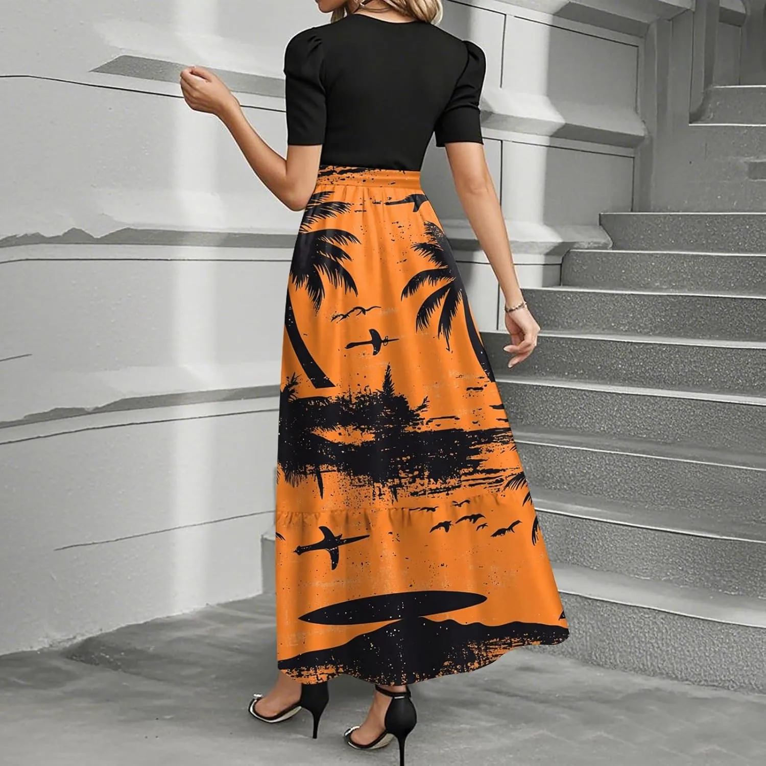 Church Dresses for Women 2025 Floral Short Sleeve Wrap Patchwork Dress Tea Length A Line Tiered Maxi Modest Dress