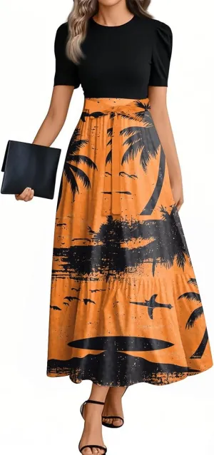 Church Dresses for Women 2025 Floral Short Sleeve Wrap Patchwork Dress Tea Length A Line Tiered Maxi Modest Dress