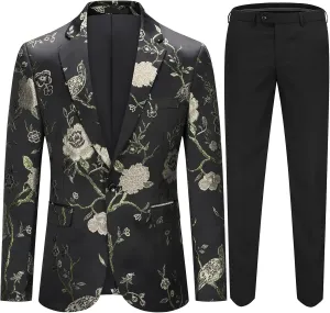 Cloudstyle Mens 2 Piece Floral Dress Suit One Button Dinner Tuxedo Jacket & Pants