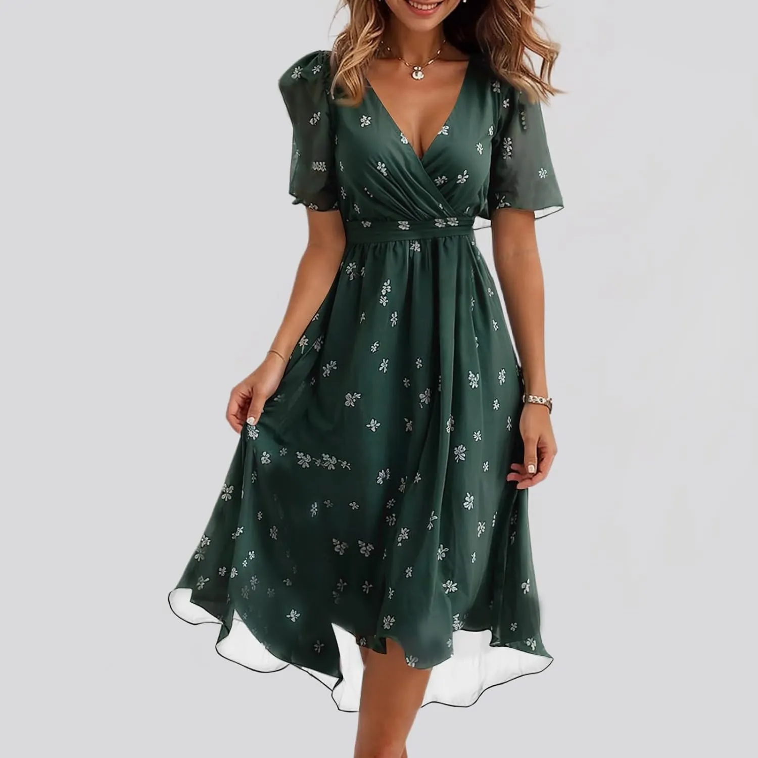Cocktail Dresses for Women,Floral Chiffon Womens Midi Dress Wrap Flowy Wedding Prom Spring Summer Sexy Dresses