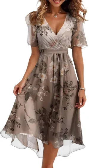 Cocktail Dresses for Women,Floral Chiffon Womens Midi Dress Wrap Flowy Wedding Prom Spring Summer Sexy Dresses
