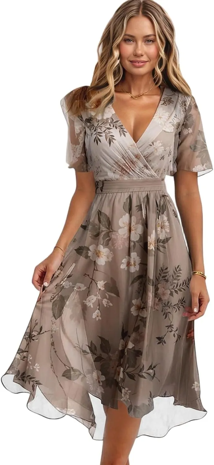 Cocktail Dresses for Women,Floral Chiffon Womens Midi Dress Wrap Flowy Wedding Prom Spring Summer Sexy Dresses