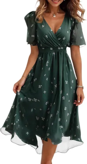 Cocktail Dresses for Women,Floral Chiffon Womens Midi Dress Wrap Flowy Wedding Prom Spring Summer Sexy Dresses