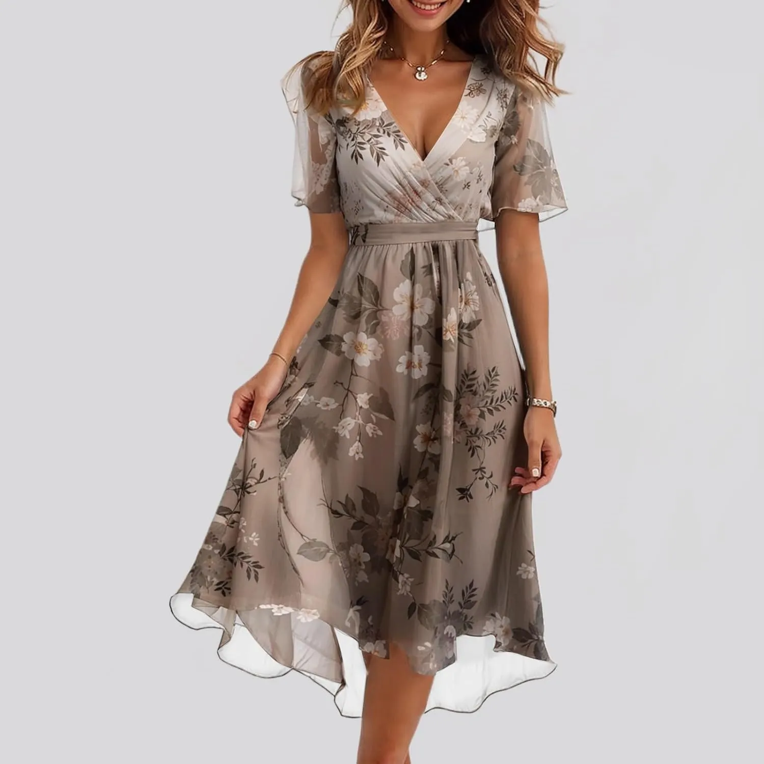 Cocktail Dresses for Women,Floral Chiffon Womens Midi Dress Wrap Flowy Wedding Prom Spring Summer Sexy Dresses