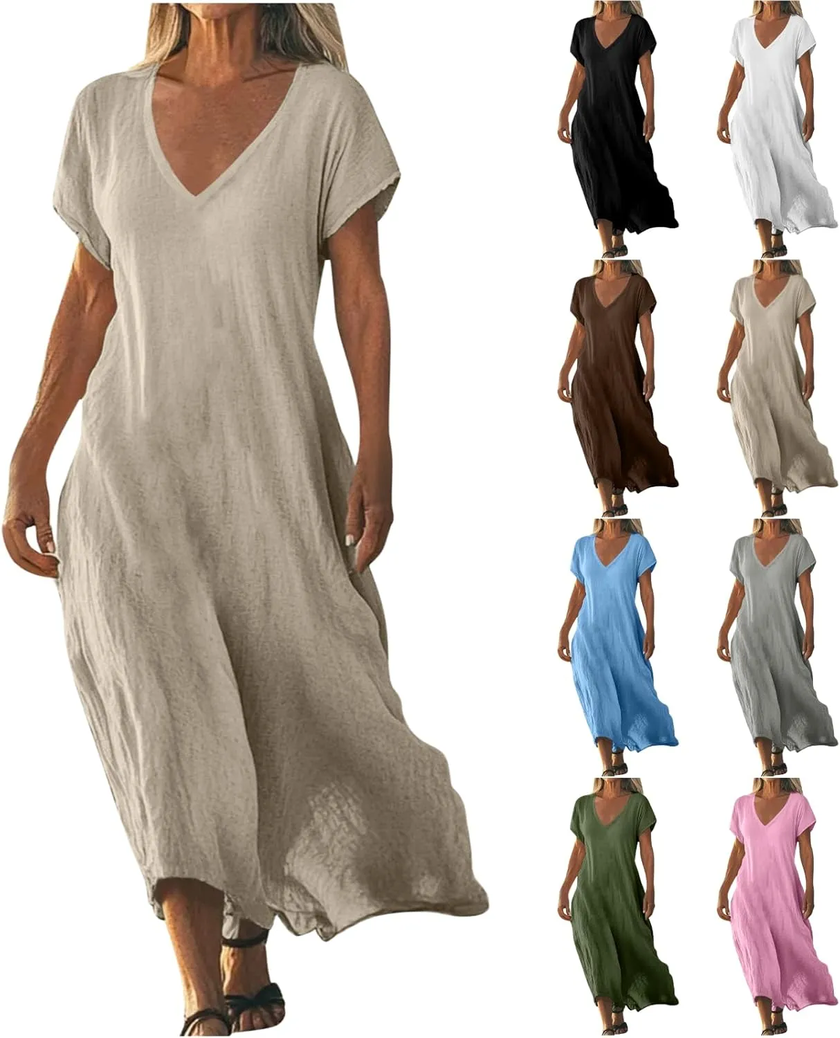 Cotton Linen Dresses for Women 2025 Summer V Neck Short Sleeve Flowy Dress Boho Beach Vacation Maxi Dress