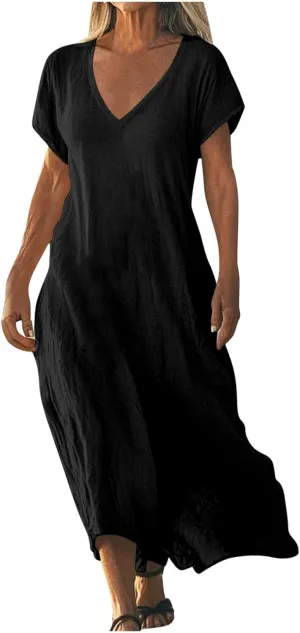Cotton Linen Dresses for Women 2025 Summer V Neck Short Sleeve Flowy Dress Boho Beach Vacation Maxi Dress