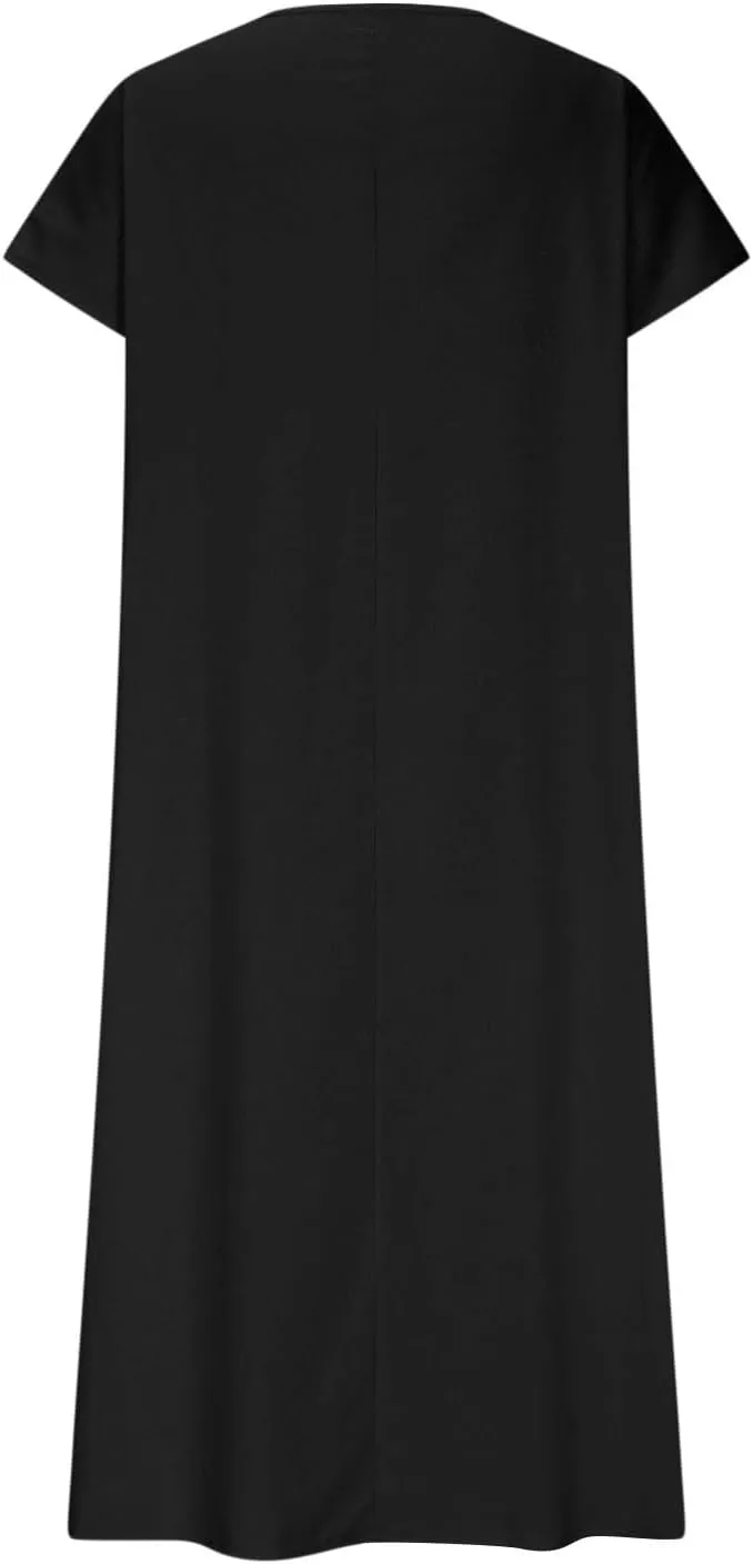 Cotton Linen Dresses for Women 2025 Summer V Neck Short Sleeve Flowy Dress Boho Beach Vacation Maxi Dress