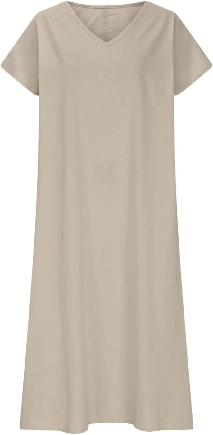 Cotton Linen Dresses for Women 2025 Summer V Neck Short Sleeve Flowy Dress Boho Beach Vacation Maxi Dress
