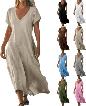 Cotton Linen Dresses for Women 2025 Summer V Neck Short Sleeve Flowy Dress Boho Beach Vacation Maxi Dress