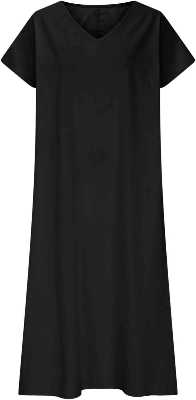 Cotton Linen Dresses for Women 2025 Summer V Neck Short Sleeve Flowy Dress Boho Beach Vacation Maxi Dress