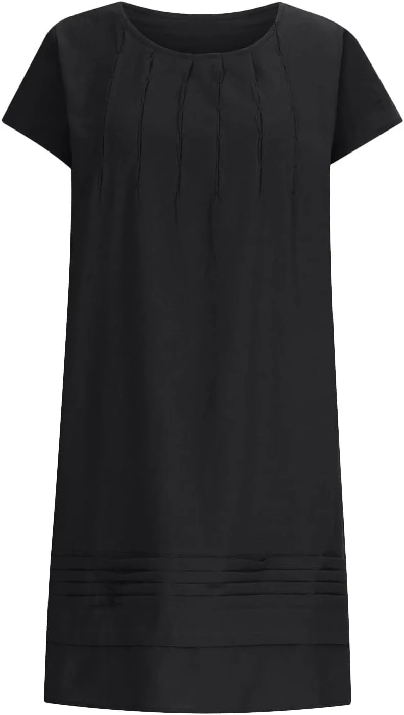 Cotton Linen Dresses for Women Casual Short Sleeve Crew Neck Floral Embroidery Dress Loose Pleated Front Midi Dress