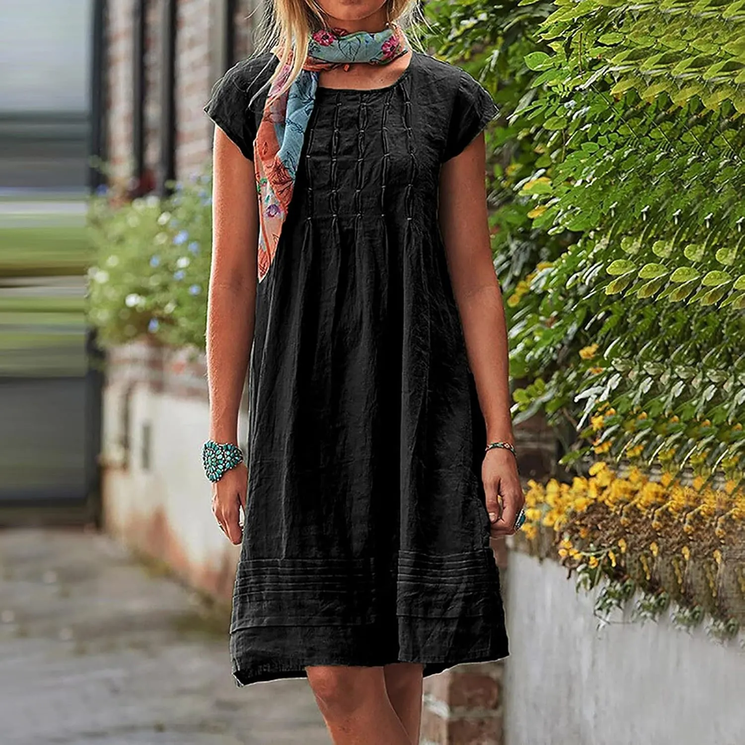 Cotton Linen Dresses for Women Casual Short Sleeve Crew Neck Floral Embroidery Dress Loose Pleated Front Midi Dress