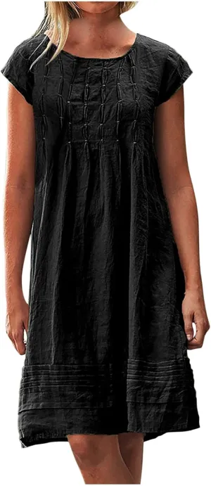 Cotton Linen Dresses for Women Casual Short Sleeve Crew Neck Floral Embroidery Dress Loose Pleated Front Midi Dress