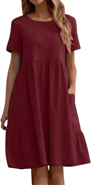 Cotton Linen Dresses Women Loose Fitting Dress Womens Dresses Tshirt Dress with Pockets Plus Size Sundresses