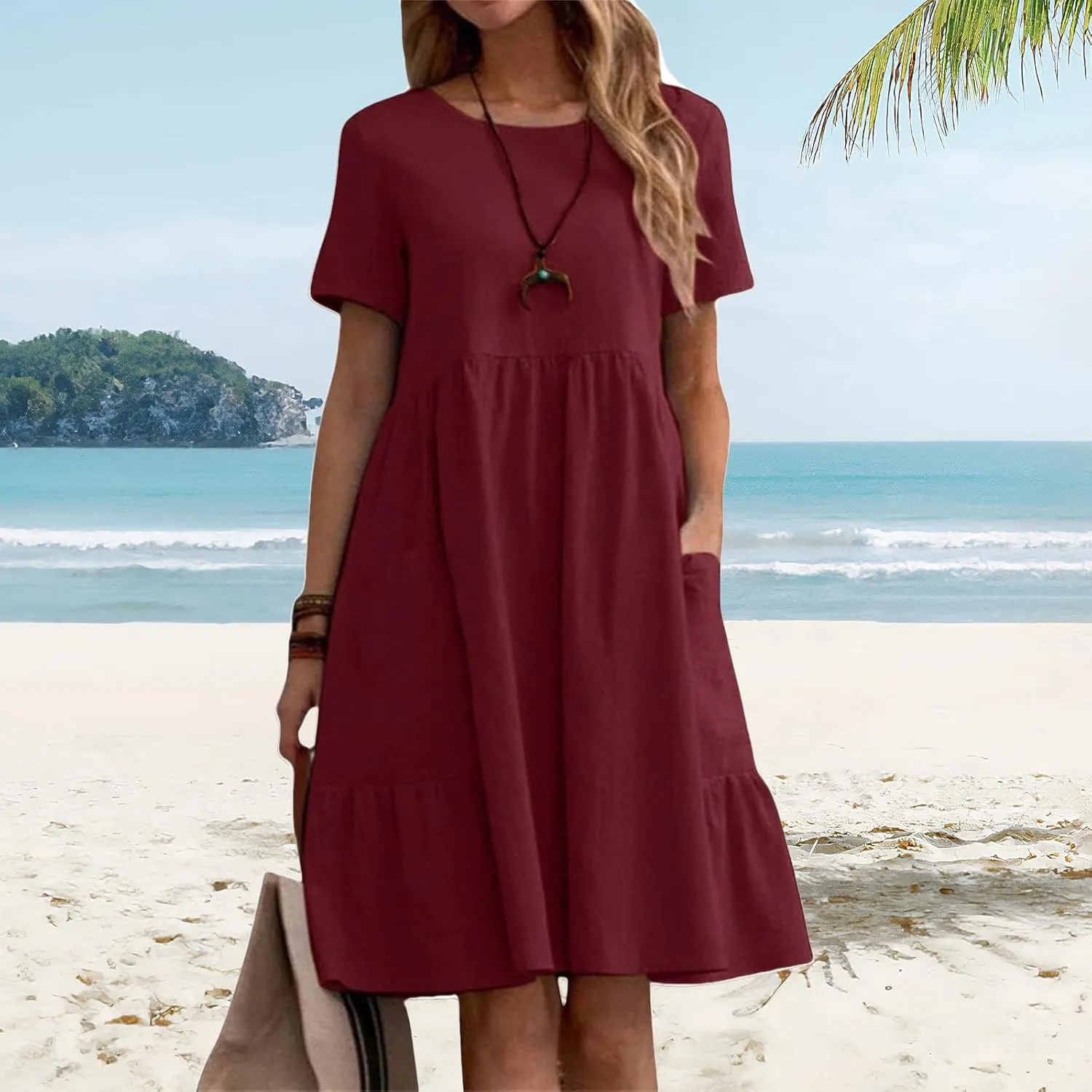 Cotton Linen Dresses Women Loose Fitting Dress Womens Dresses Tshirt Dress with Pockets Plus Size Sundresses