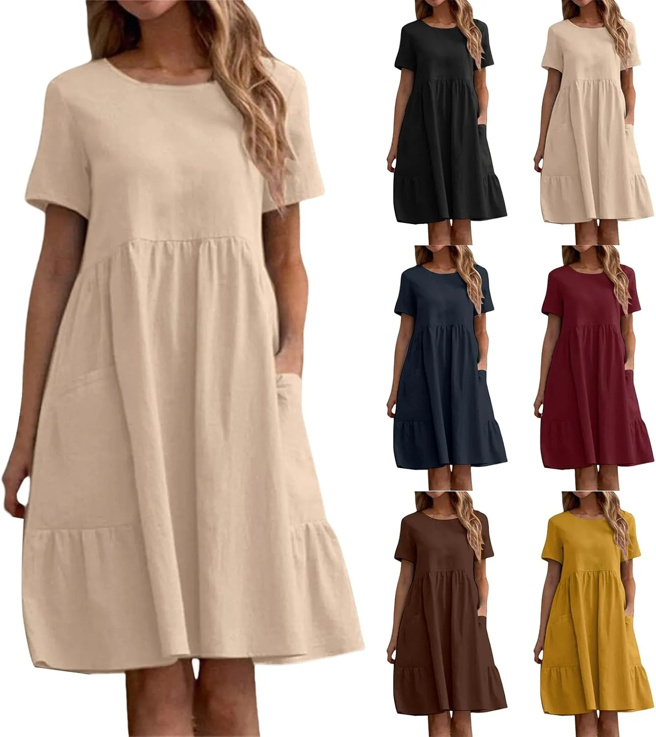 Cotton Linen Dresses Women Loose Fitting Dress Womens Dresses Tshirt Dress with Pockets Plus Size Sundresses