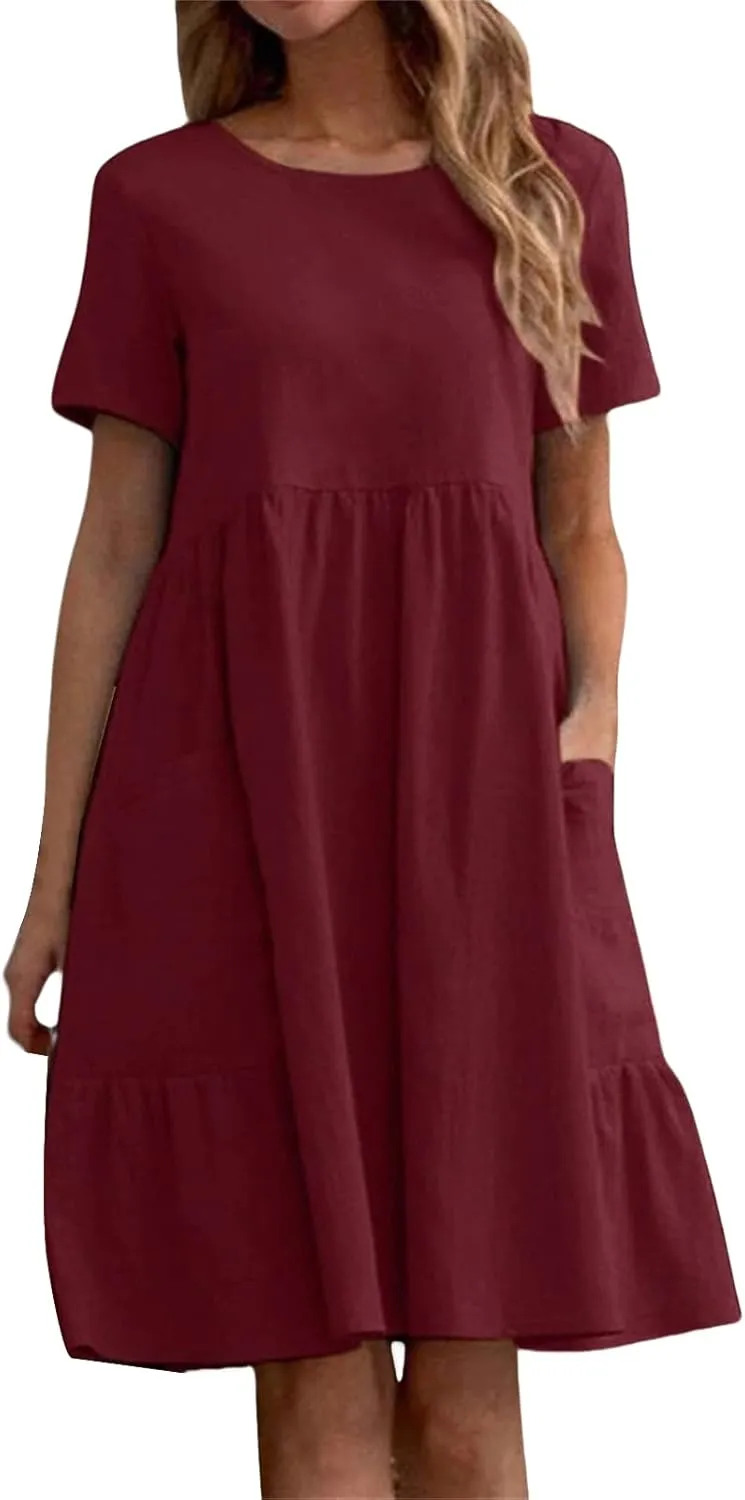 Cotton Linen Dresses Women Loose Fitting Dress Womens Dresses Tshirt Dress with Pockets Plus Size Sundresses