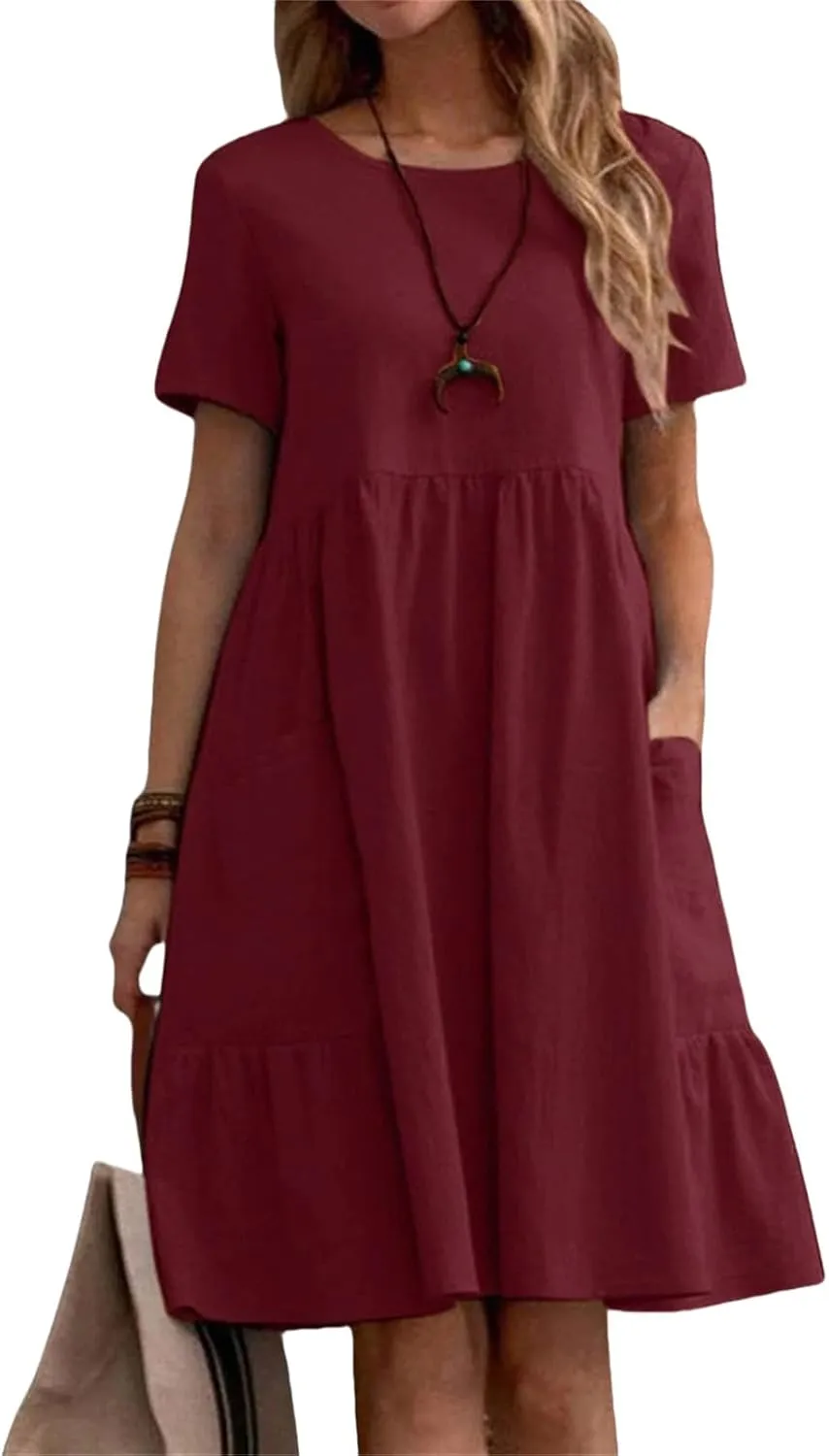Cotton Linen Dresses Women Loose Fitting Dress Womens Dresses Tshirt Dress with Pockets Plus Size Sundresses