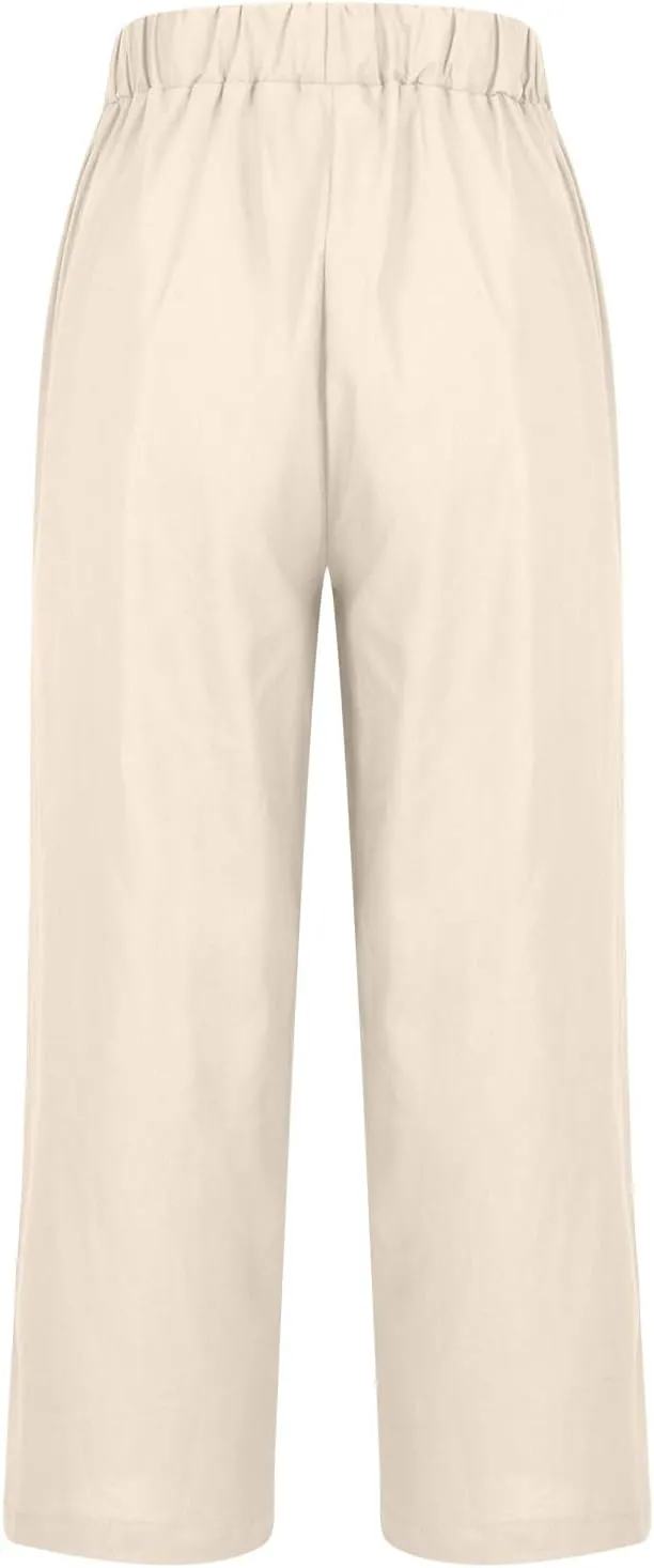 Cotton Linen Pants for Women Straight Leg Elastic Waist Pants Loose Fit Casual Trousers Plus Size Slack 2024 Fashion